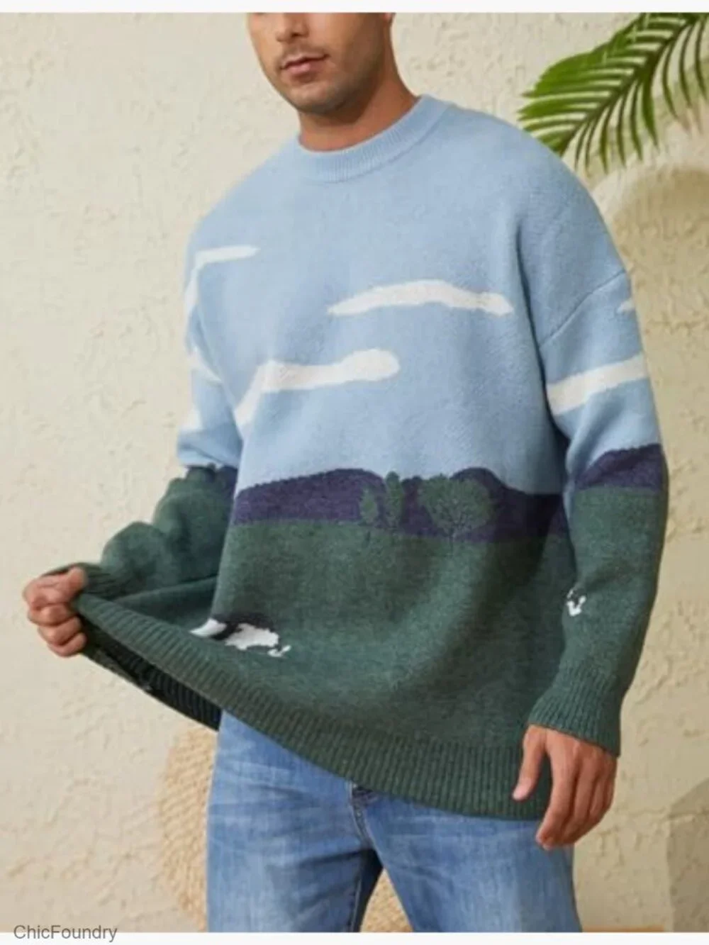 Mens Vintage Oversized Cable Knit Sweater Pullover Crewneck Grandpa Y2k Casual - Picture 2 of 7